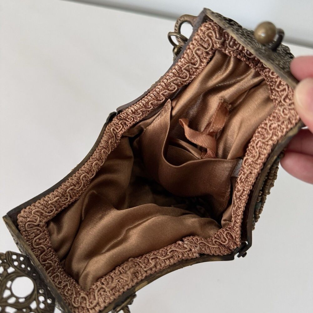 Antique 1920s Glass Beaded Victorian Flapper Purse Ornate Metal Frame W/ Mirror - Picture 8 of 12